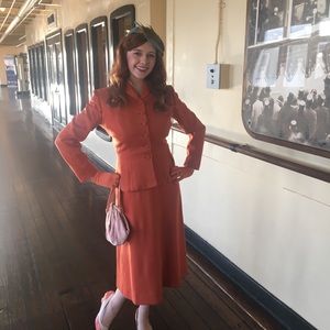 Orange 1940s suit blazer and skirt femme fetale film noir miron tailored